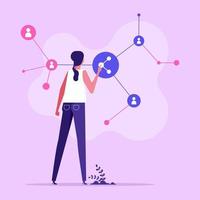 Woman touching network structure. Concept of online or digital content sharing, social media activity, internet blogging, transfer of information, flat vector illustration