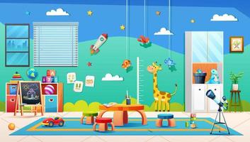 Modern kindergarten classroom interior for kids playing games and study. Empty playroom cartoon illustration vector