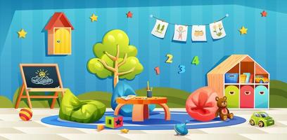 Kindergarten playroom interior. Nursery room with toys and furniture vector cartoon