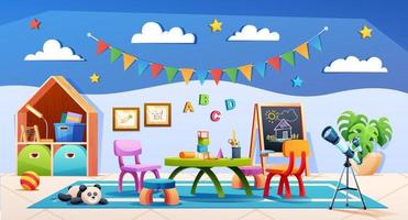 Kids playroom interior with furniture and equipment for games and education. Kindergarten classroom design cartoon