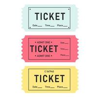 A set of colorful tickets. Ticket templates. Date, time vector