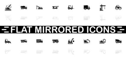 Construction Vehicles icons - Black symbol on white background. Simple illustration. Flat Vector Icon. Mirror Reflection Shadow. Can be used in logo, web, mobile and UI UX project.