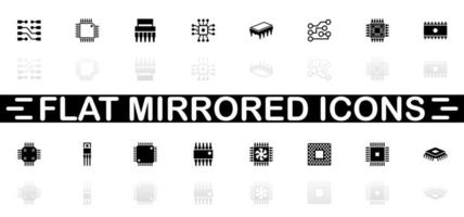 iconos de chips de computadora - símbolo negro sobre fondo blanco. ilustración sencilla. icono de vector plano. sombra de reflejo de espejo. se puede utilizar en proyectos de logotipo, web, móvil y ui ux.