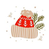 Christmas warm red hat with christmas tree branches. Cute handdrawn composition in flat style. Vector illustration