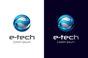 abstract globe letter E 3d logo design gradient blue style with sphere round glossy vector logo template for technology brand name