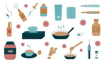 Set of elements for the treatment and prevention of colds and flu. Flat style. Vector illustration