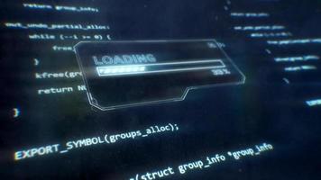 código de computador exibido na tela de ficção científica enquanto a mensagem de carregamento é exibida video