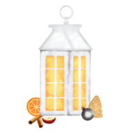 farol blanco con galleta, naranja, canela, manzana y bolas de navidad. png