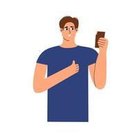 A young guy holds a bar of chocolate in his hands and shows a thumbs up gesture. Vector illustration in flat style