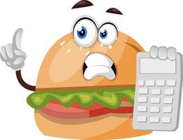 Burger with calculator, illustration, vector on white background.