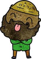 Retro grunge texture cartoon man with beard tongue out vector