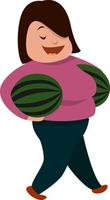 Woman with big watermelons , illustration, vector on white background