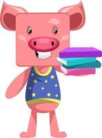 Pig with books, illustration, vector on white background.