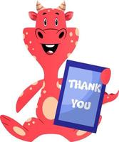 Red dragon is holding thank you sign, illustration, vector on white background.