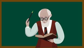 Old teacher with book, illustration, vector on white background.