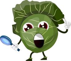 Cabbage is holding a magnifying glass, illustration, vector on white background.