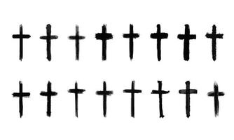 Set Of Christian cross church icon. Christianity symbol of Jesus Christ. Natural black and white brush strokes. vector