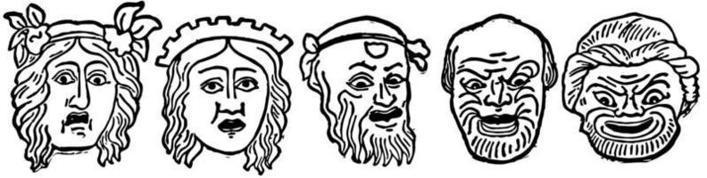 Comedy masks are while Greek tragedy grew farther and farther away from the humor and burlesque, vintage engraving. vector