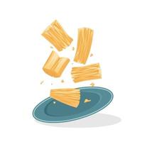 ilustración vectorial, yuca frita flotando en un plato, aislada en un fondo blanco. vector