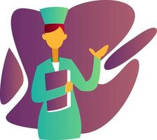 Colorful vector illustration of a nurse holding a record in front of purple shapes on white background