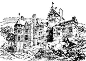 Cragside, build a modest house,  vintage engraving. vector