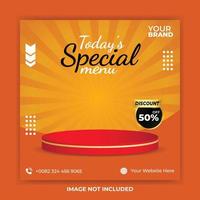 special menu social media post template with podium Merry christmas and happy new year with red gold podium and sunbrust yellow background vector