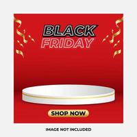 black friday social media post template Merry christmas and happy new year with white gold podium and red gradient background celebration style vector