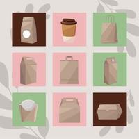 nine eco packaging mockup icons vector