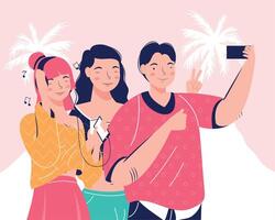 tres personas toman un selfie vector