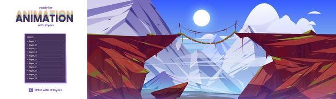 fondo de paralaje con puente de cuerda en las montañas vector