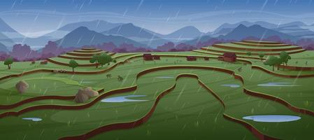 People work on rice fields in rain vector