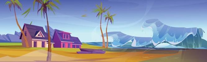 Tsunami wave at tropical beach with cottage, trees vector