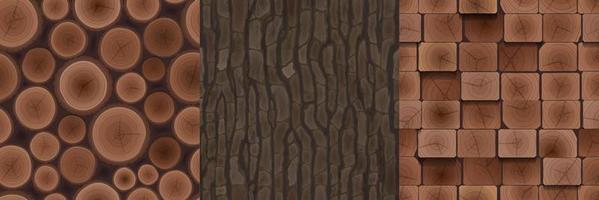 Wooden textures of tree bark, woodpile and boards vector