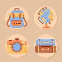 cuatro iconos de vacaciones de viaje vector