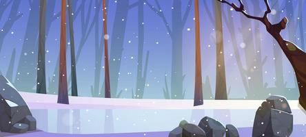 Snowfall in winter forest with frozen pond, nature vector
