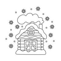 Winter rural house in doodle hand drawn style. Vector illustration. Isolated black outline. Great for New Year, Christmas design and coloring books.