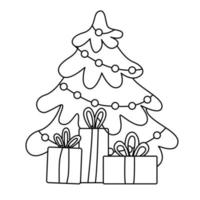 Christmas tree decorated with garland in doodle hand drawn style and gift boxes. Vector illustration. Isolated black outline. Great for Xmas design, coloring books.