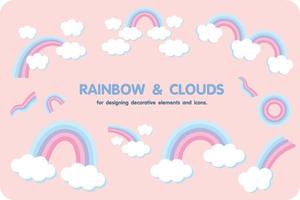 un arco iris pastel rodeado de nubes, para diseñar elementos decorativos e íconos. vector