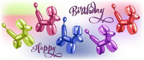 tarjeta de cumpleaños con globos en forma de perro. globos brillantes de nácar e inscripción de feliz cumpleaños. adecuado para productos impresos en tela y papel. vector