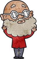 Retro grunge texture cartoon man with beard wearing glasses vector