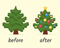 Christmas tree before and after decoration. Empty and decorated Christmas tree. Vector illustration.