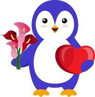 Penguin with flower, illustration, vector on white background.