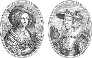 Portraits of Magdalena van de Passe and an unknown woman, vintage illustration. vector