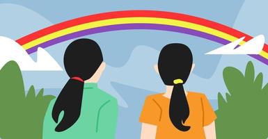 two little girls looking at rainbow, blue sky. best friends concept, nature, weather, etc. flat vector illustration