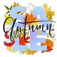diseño de banner de venta de otoño con coloridas hojas de otoño, bayas y letras. plantilla cuadrada para la promoción de compras de temporada de otoño. ilustración vectorial vector