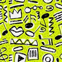 Vector seamless hand-drawn pattern with ovals, swirls, stripes, rectangular shape, crown, lips, zigzag, play button, music notes and treble clef. Grunge shapes colorful backdrop.