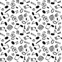 Vector seamless black and white hand-drawn pattern with swirls, stripes, musical notes and treble clef. Grunge music theme minimalistic backdrop.