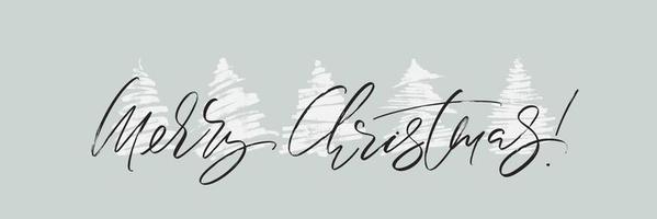 Merry Christmas horizontal greeting card design. Holiday vector illustration with lettering composition and hand drawn chrismas trees silhouettes.
