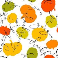 Bright pumpkin silhouettes and thin script words about thanksgiving seamless pattern. Vector illustration. Background for fabrics, surfaces, wallpaper.