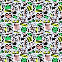 Vector seamless hand-drawn pattern with ovals, swirls, stripes, rectangular shape, crown, lips, zigzag, play button, music notes and treble clef. Grunge shapes colorful backdrop.